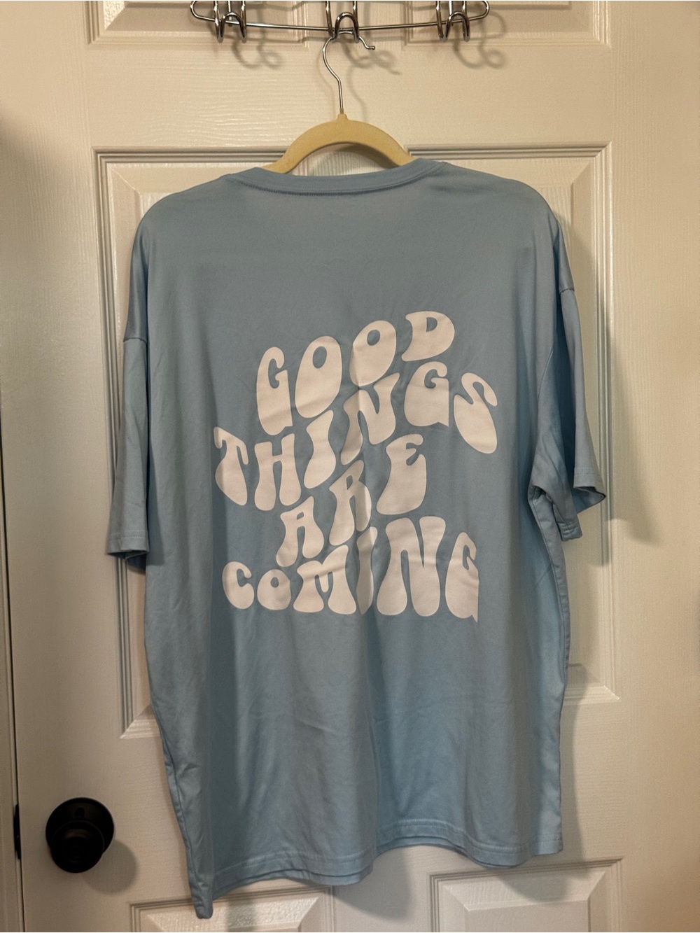 SHEIN Light Blue Short Sleeve Tee with “Good Things Are Coming” White Graphic